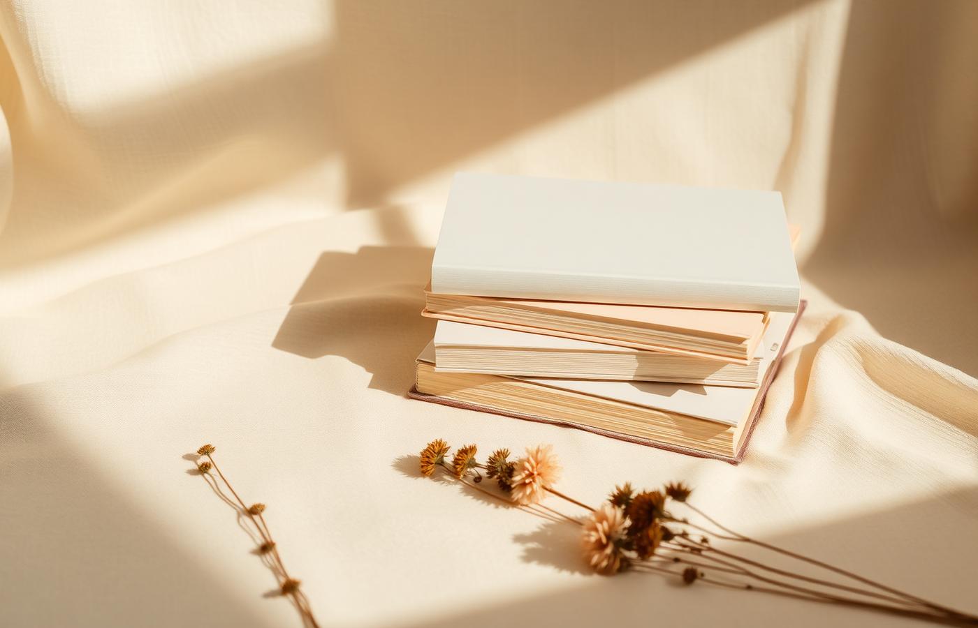 Livres posés sur un tissu de lin ivoire